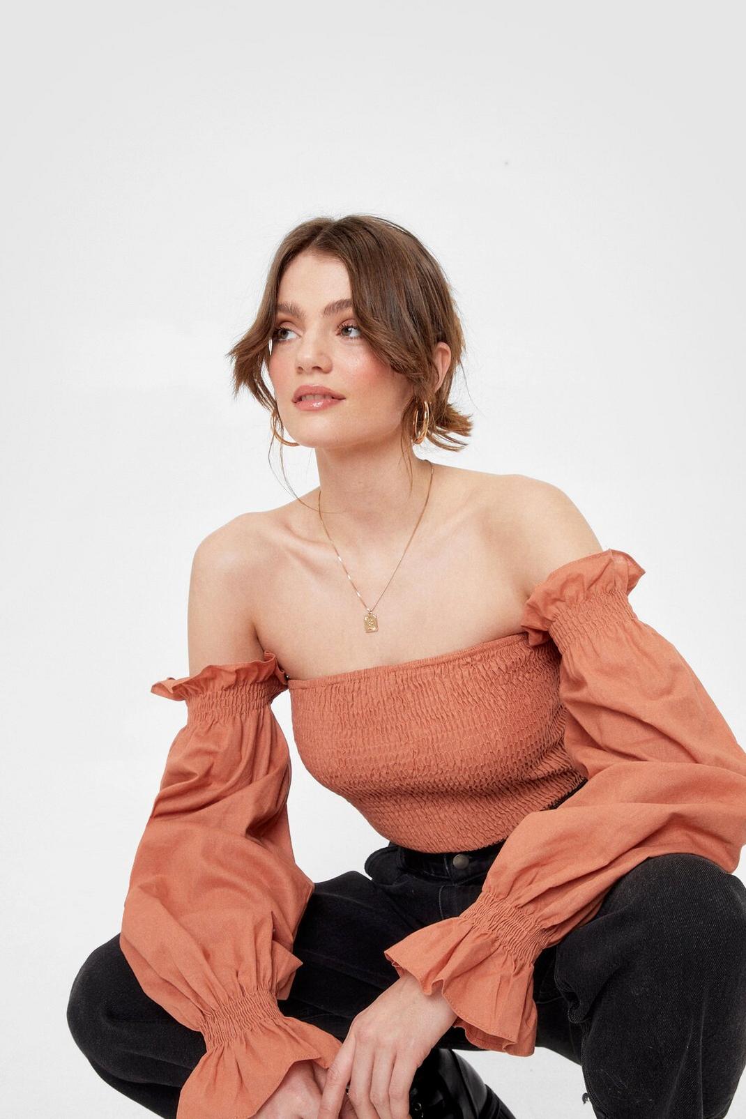 Rust Shirred Off the Shoulder Cropped Blouse image number 1