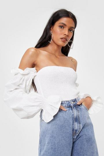 White Shirred Off the Shoulder Puff Sleeve Crop Top