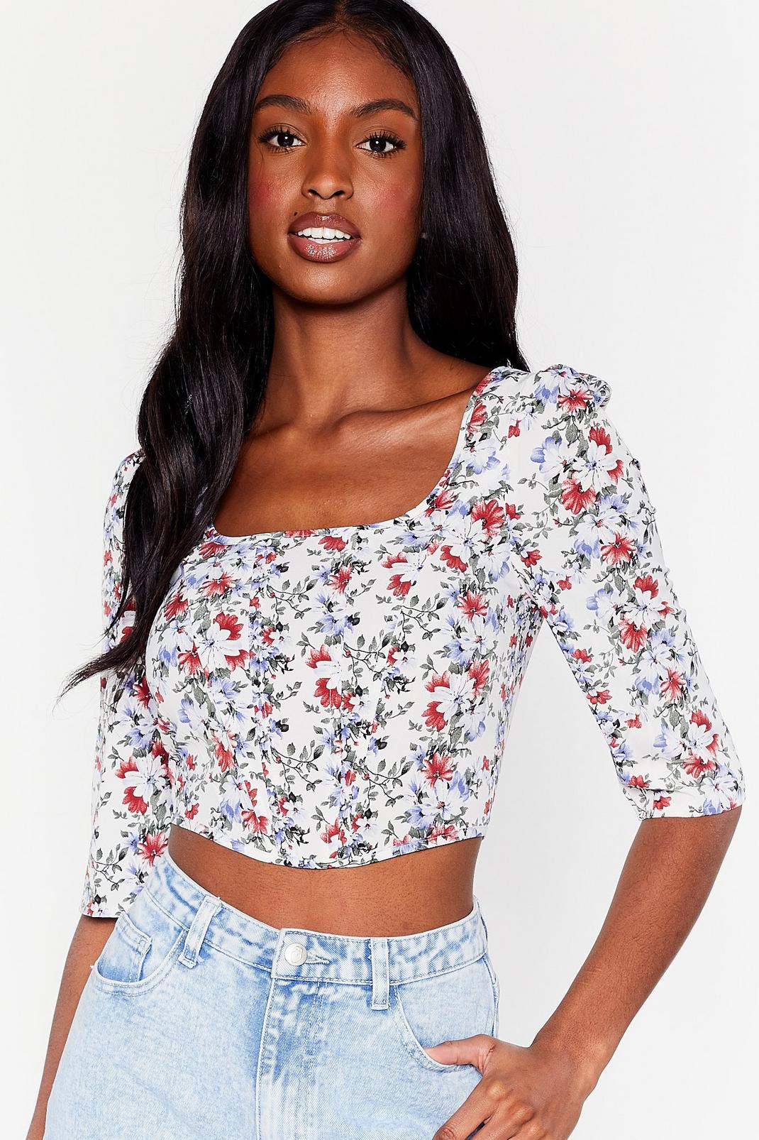 White Floral Square Neck Crop Blouse image number 1