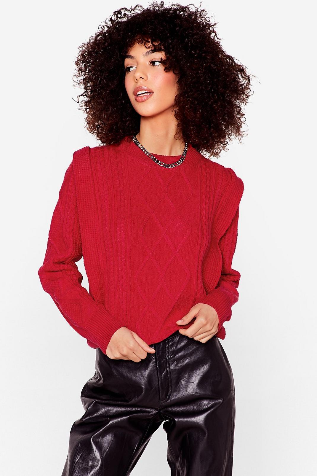 Red Cable Knit Shoulder Pad Sweater image number 1