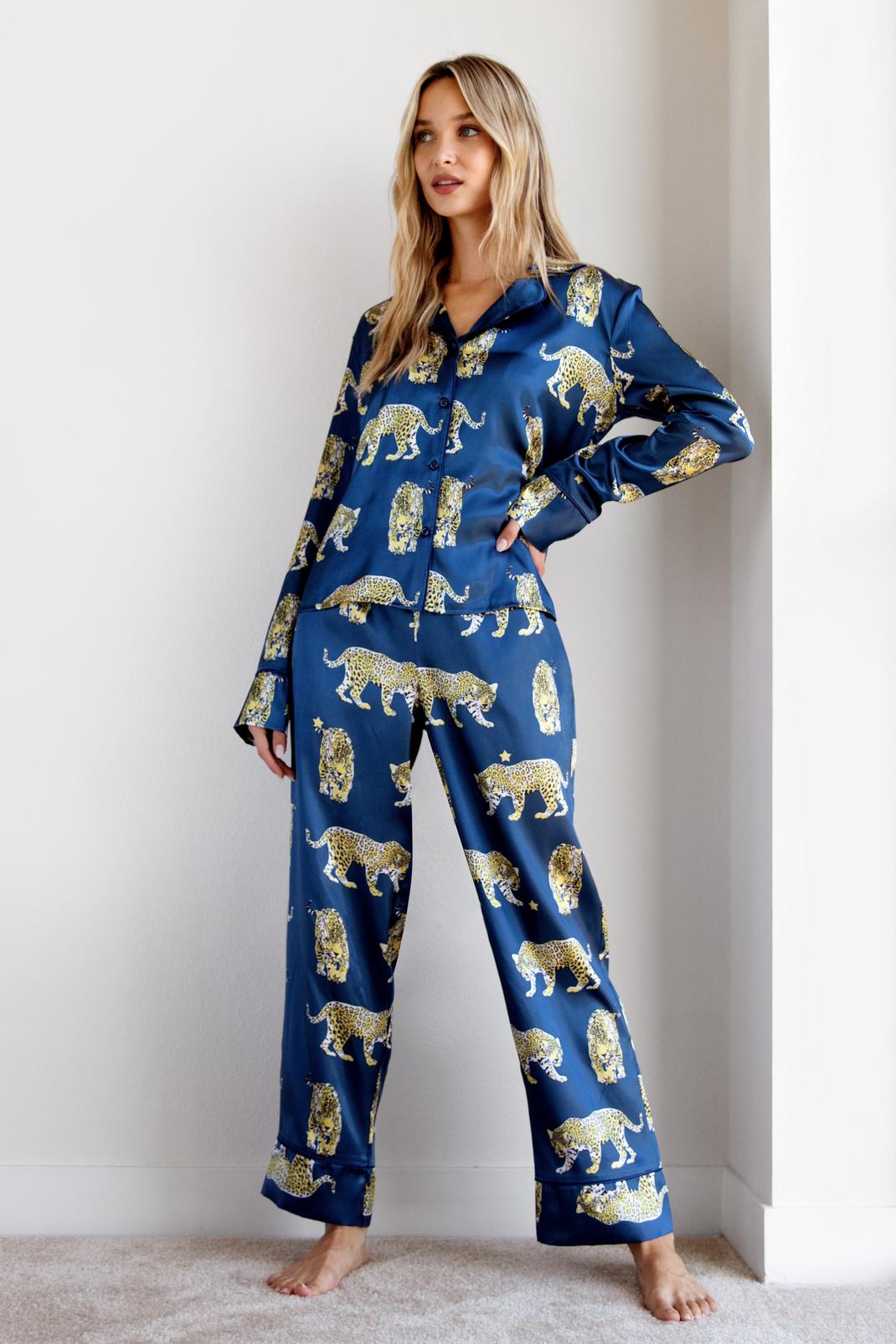 Navy Cheetahs Always Prosper Satin Shirt and Pajama Set image number 1