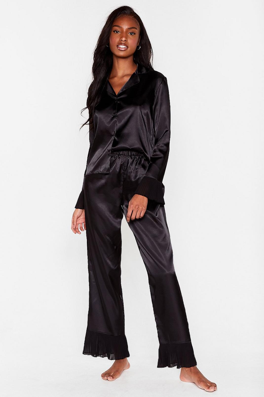 Black Satin Ruffle Pyjama Shirt and Trousers Set image number 1