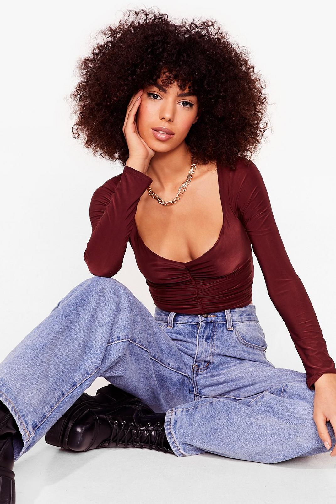 Chocolate Slinky Ruched Long Sleeve Crop Top image number 1