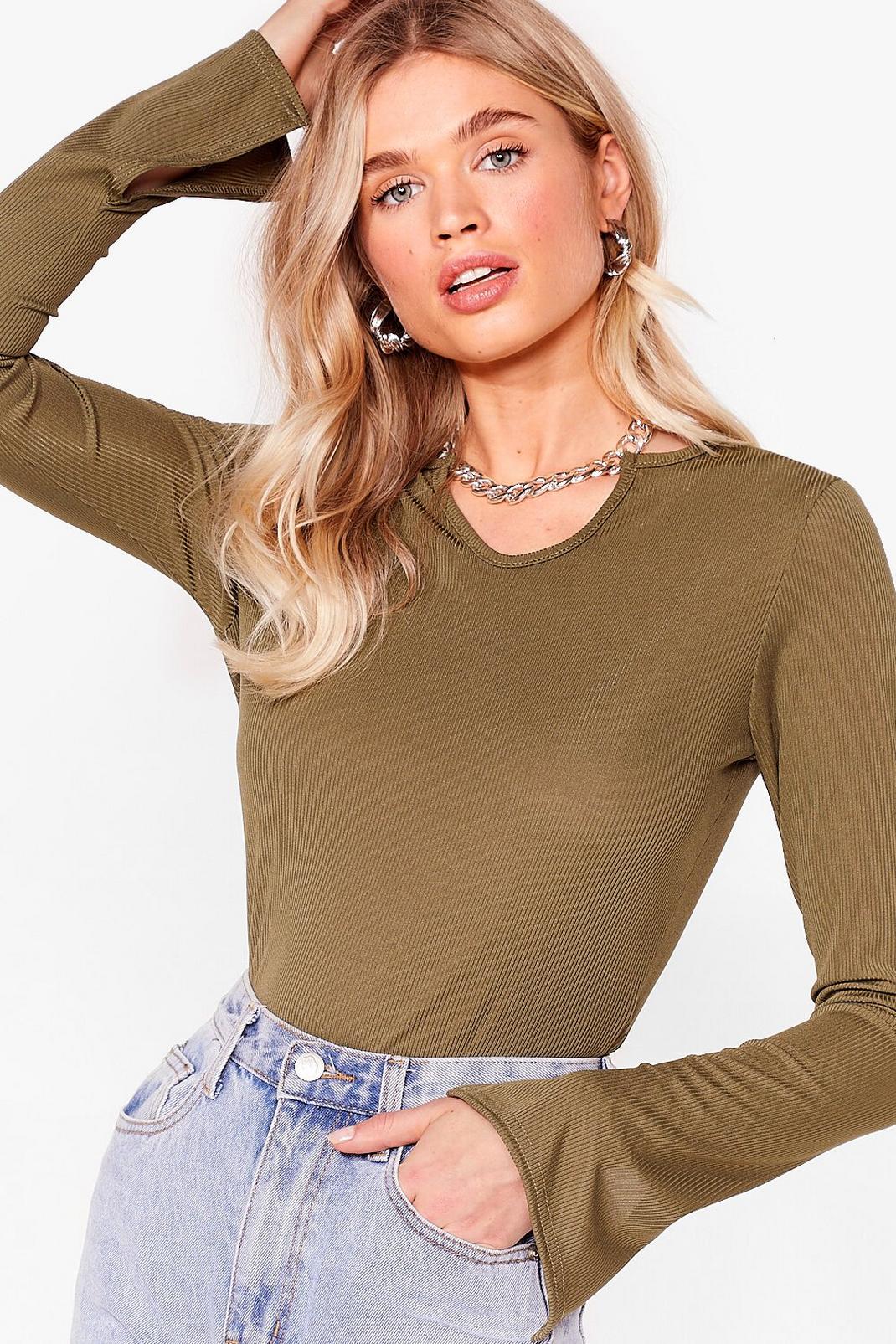 Khaki Long Sleeve V Cut Out Top image number 1