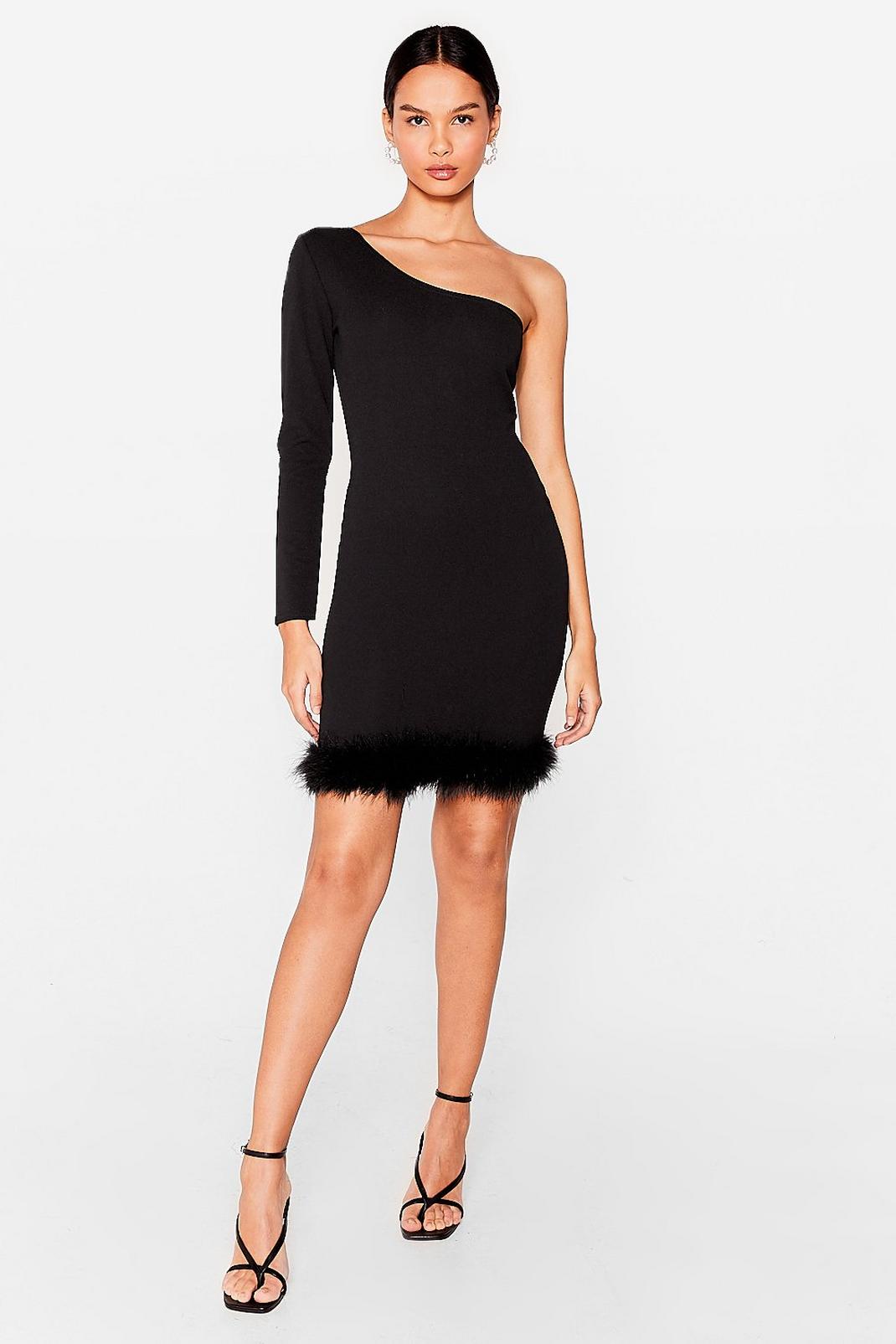 Black Feather Say Feather One Shoulder Mini Dress image number 1