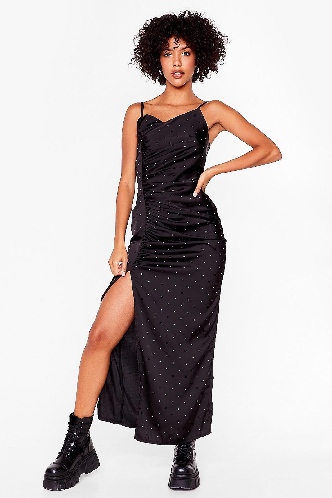 Black Sparkly Satin Asymmetric Ruched Maxi Dress image number 1