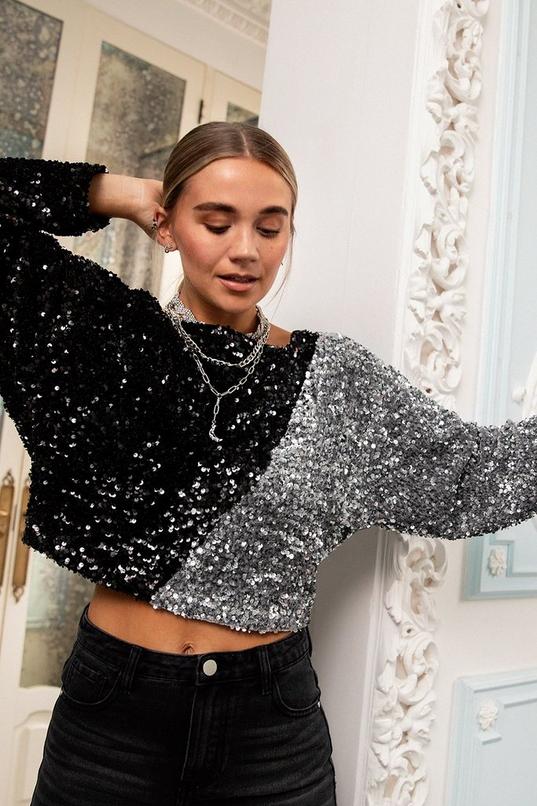 Glitter Sequin Crop top Female Long Sleeve T-shirt Sexy Outfit