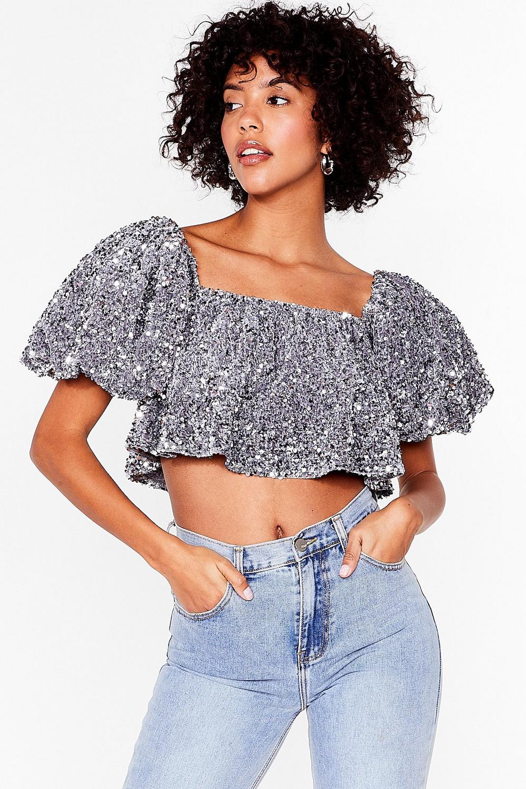 Silver Sequin Square Neck Crop Top image number 1