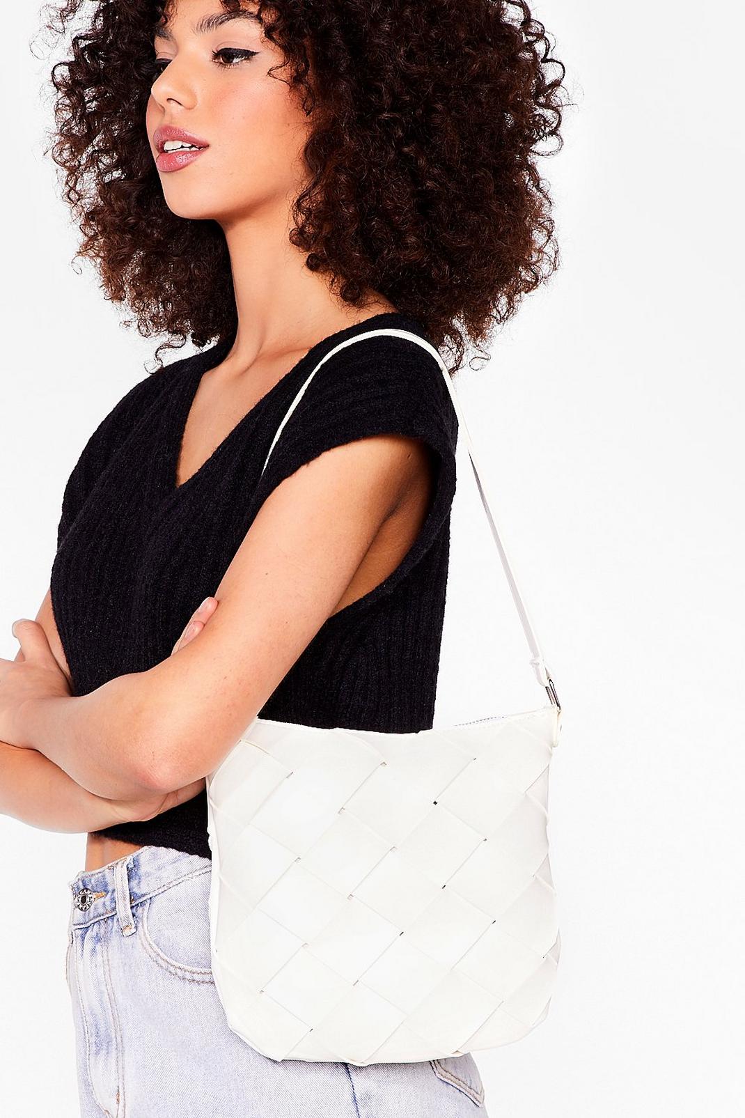 White Faux Leather Woven Shoulder Bag image number 1
