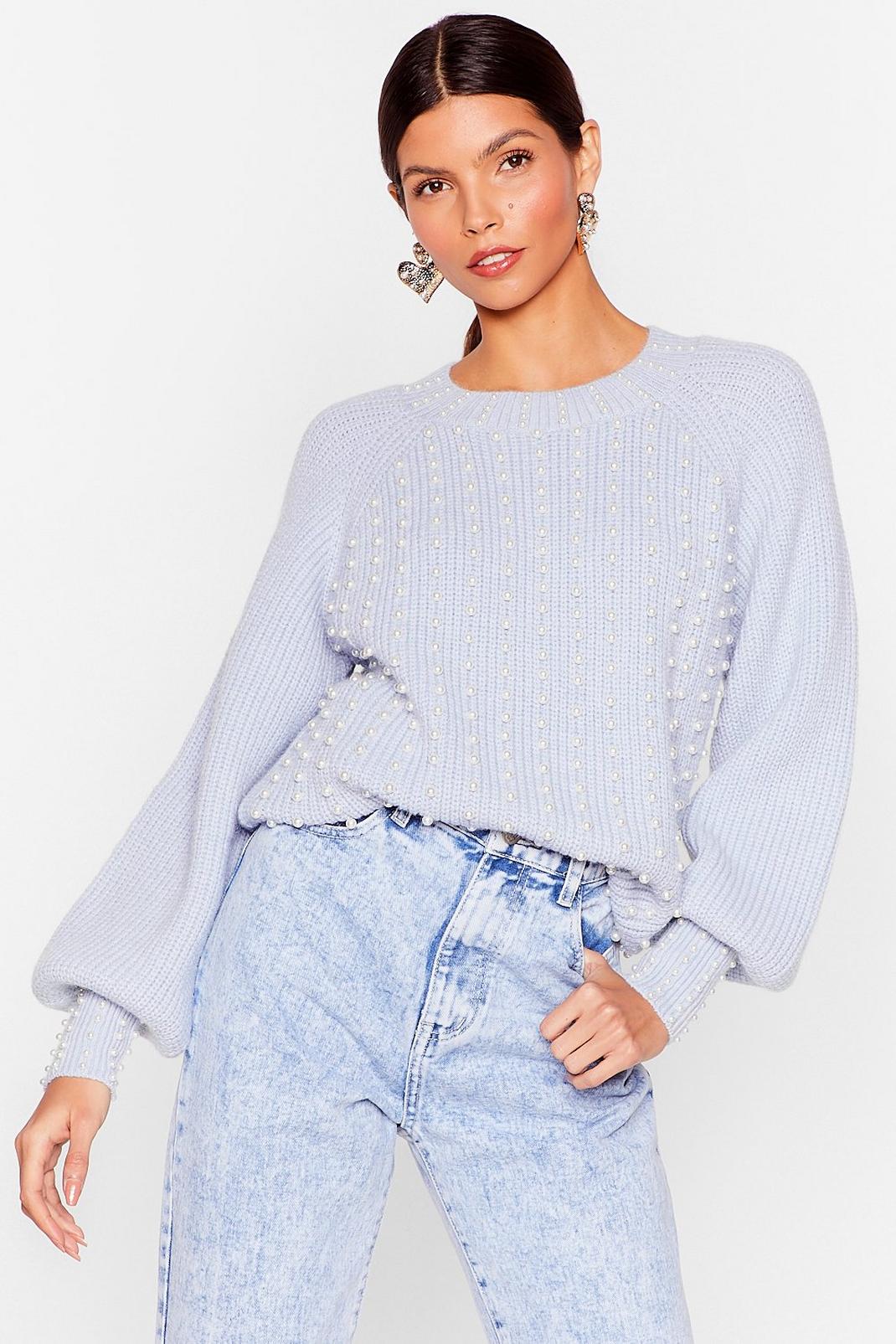 Blue Knitted Pearl-Inspired Relaxed Jumper image number 1