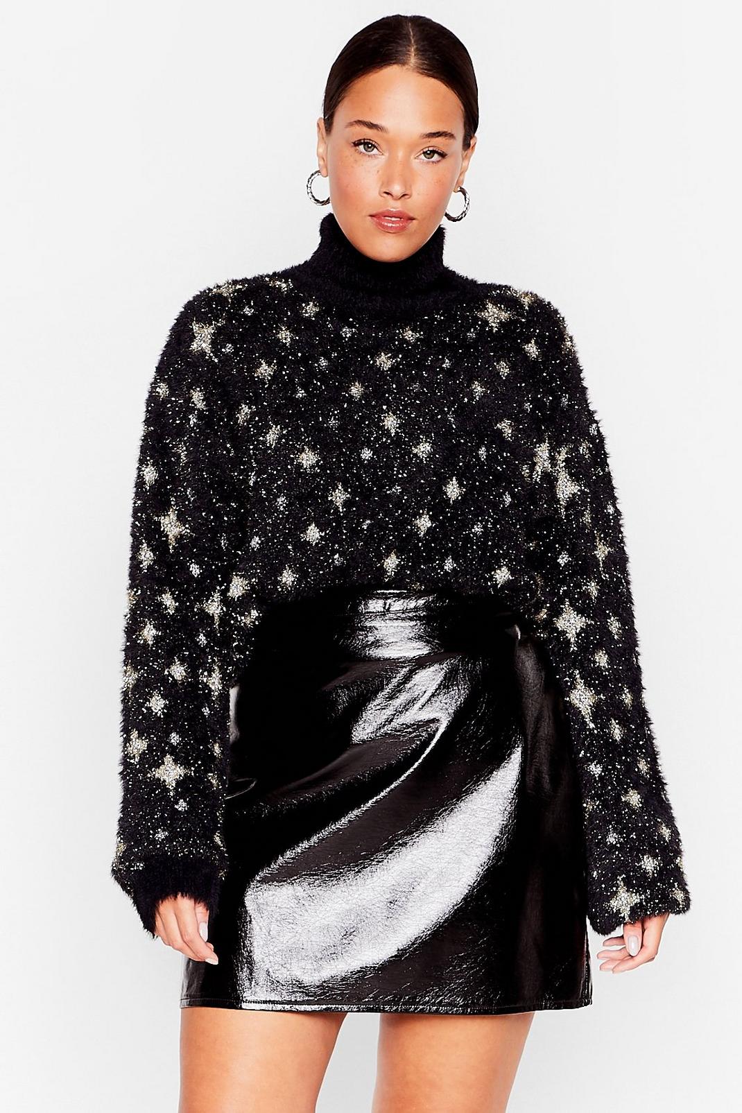 Black Plus Size Star Fluffy Knit Sweater image number 1