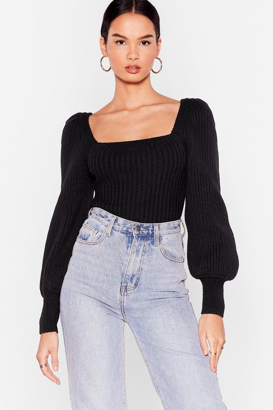 Black Knit Square Neck Ribbed Sweater image number 1