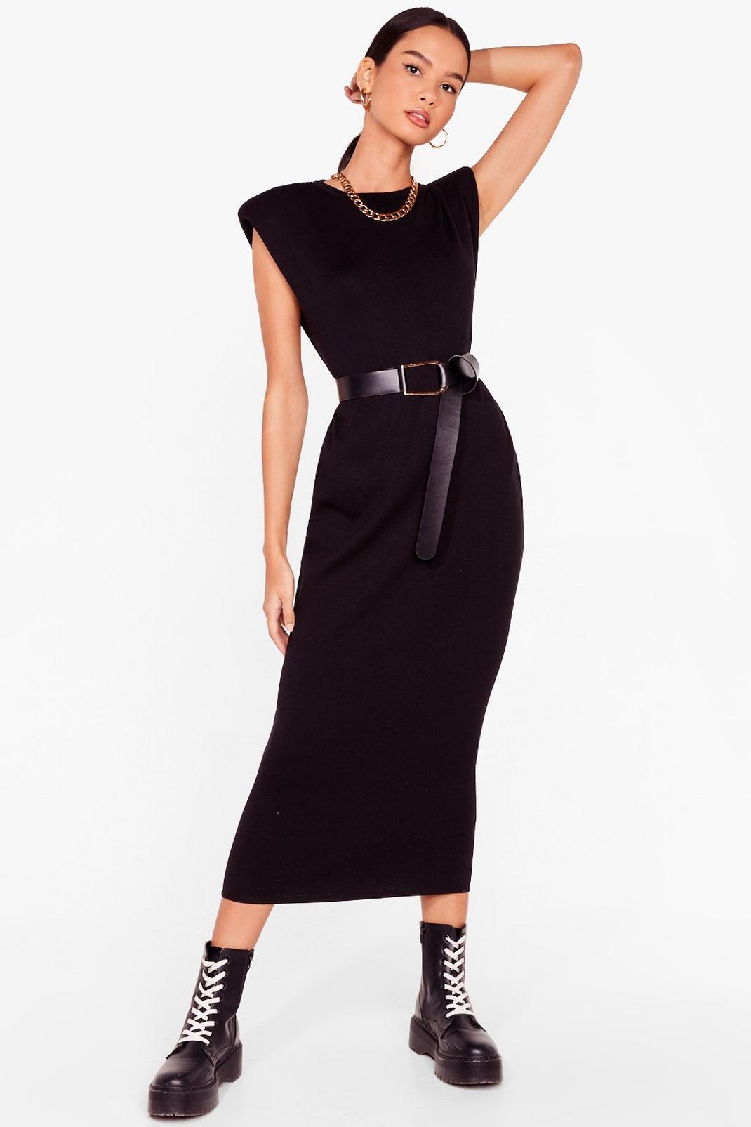 Black Knitted Sleeveless Shoulder Pad Midi Dress image number 1