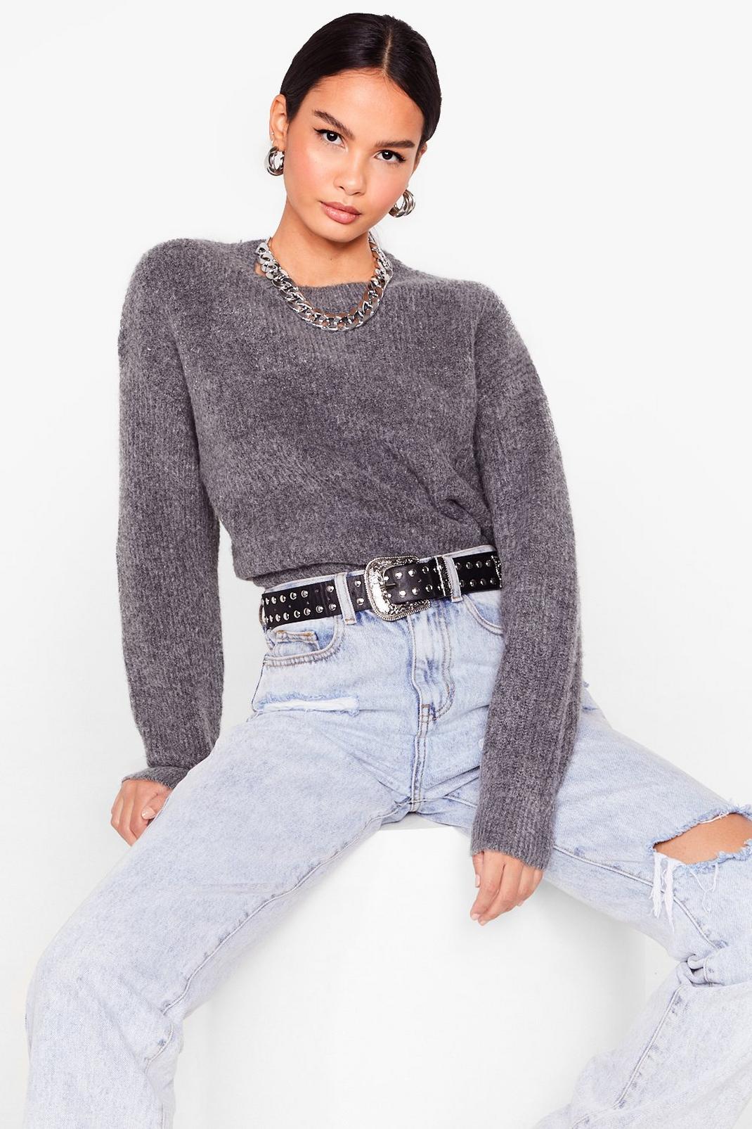 Charcoal Fluffy Knit Relaxed Sweater image number 1