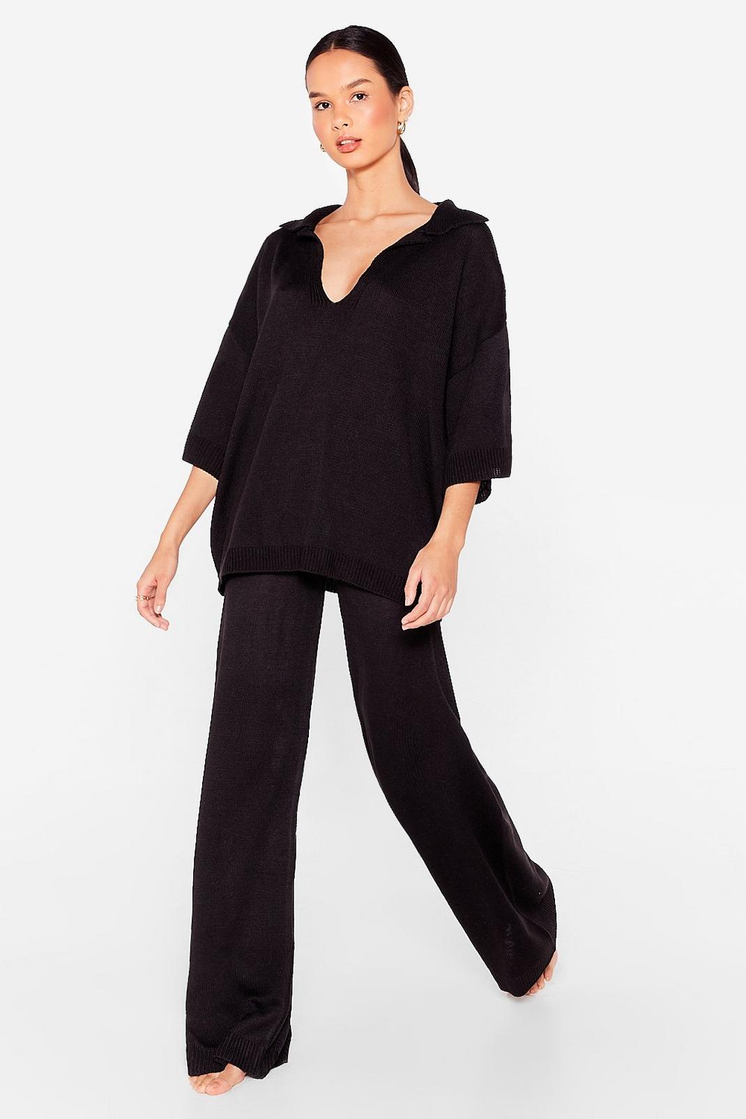 Black Oversized Collar Slouchy Top Lounge Set image number 1