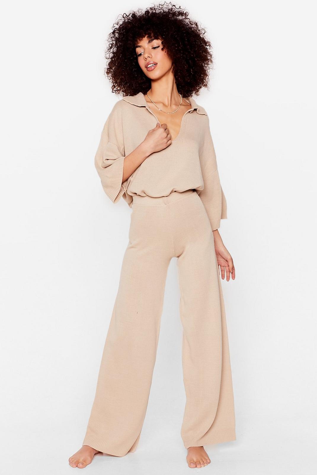 Oatmeal Oversized Collar Slouchy Top Lounge Set image number 1