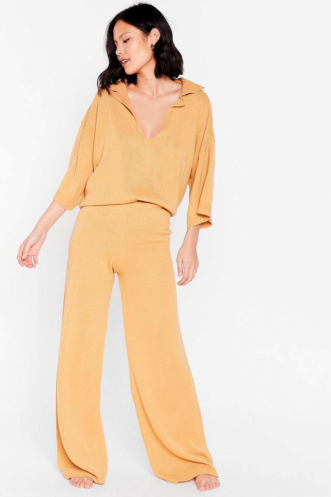Tan Oversized Collar Slouchy Top Lounge Set image number 1