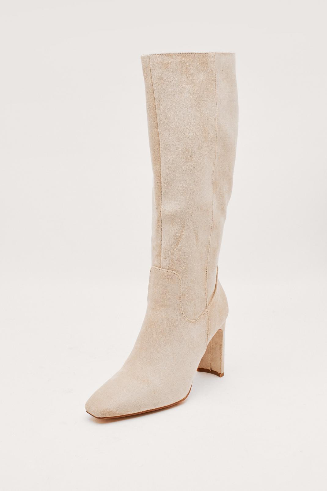Beige Faux Suede Heeled Calf Boots image number 1