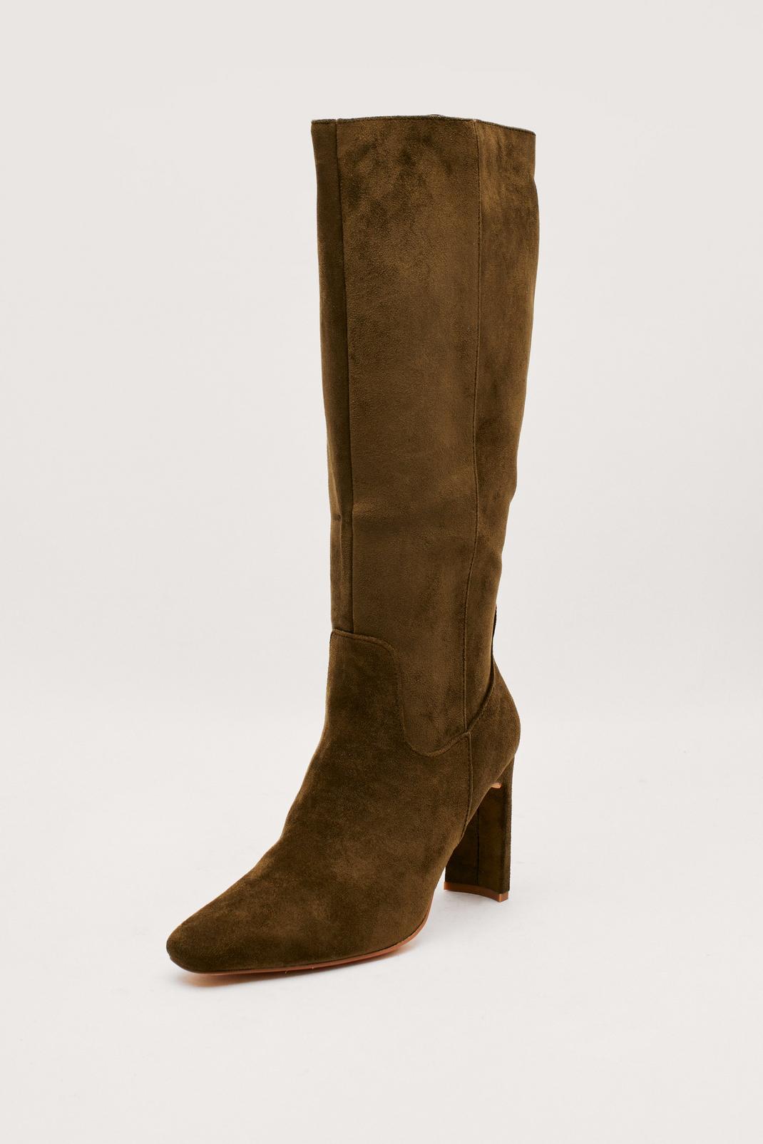 Khaki Faux Suede Heeled Calf Boots image number 1