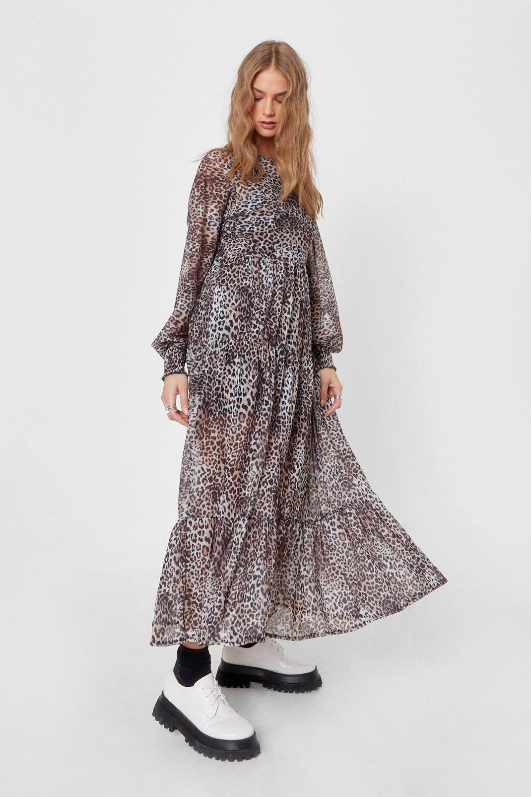 Brown Leopard Print Long Sleeve Maxi Dress image number 1