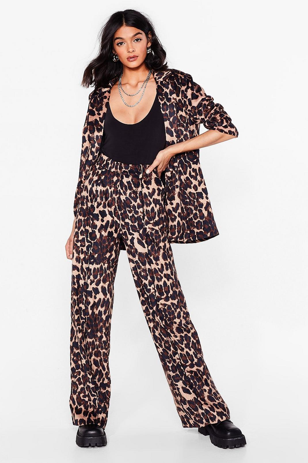Beige Leopard High Waisted Wide Leg Trousers image number 1