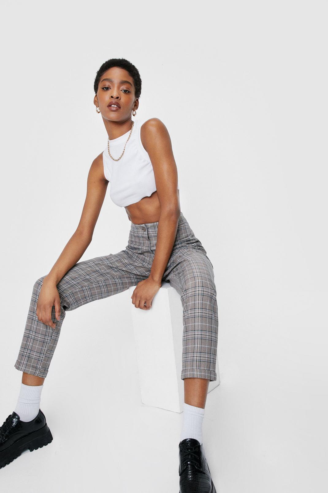 Grey Check High Rise Tapered Pants image number 1