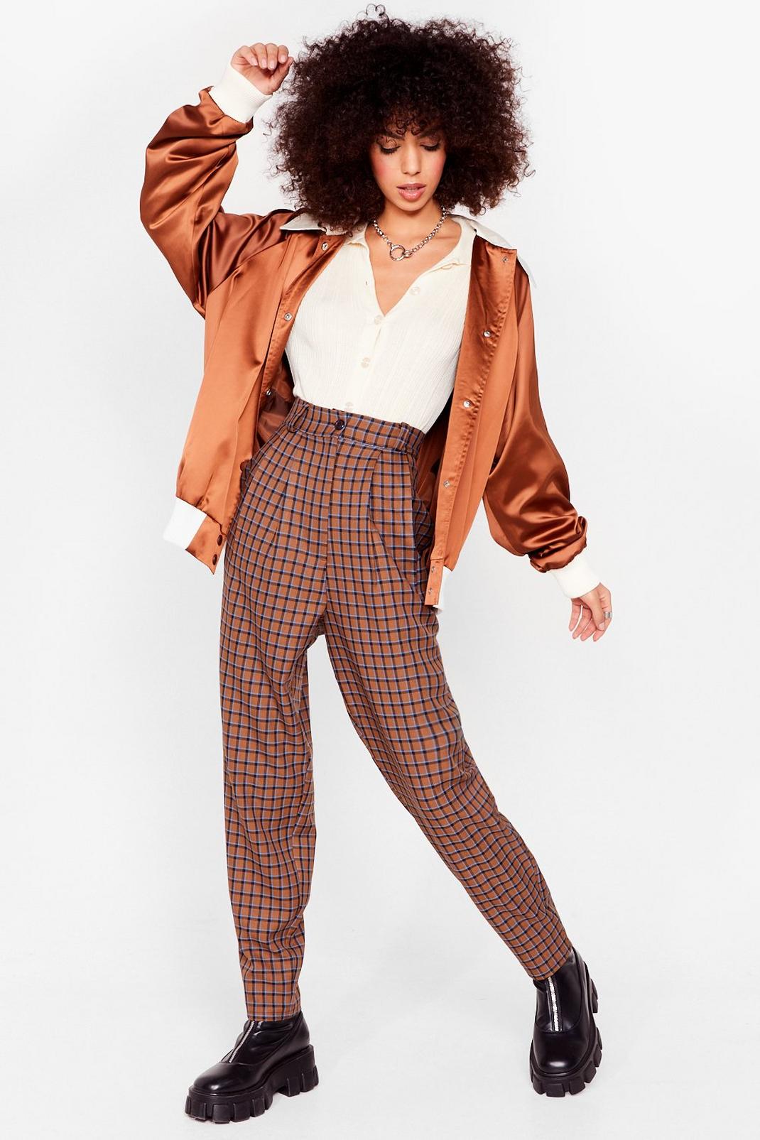 Brown Check High Waisted Pleated Pants image number 1