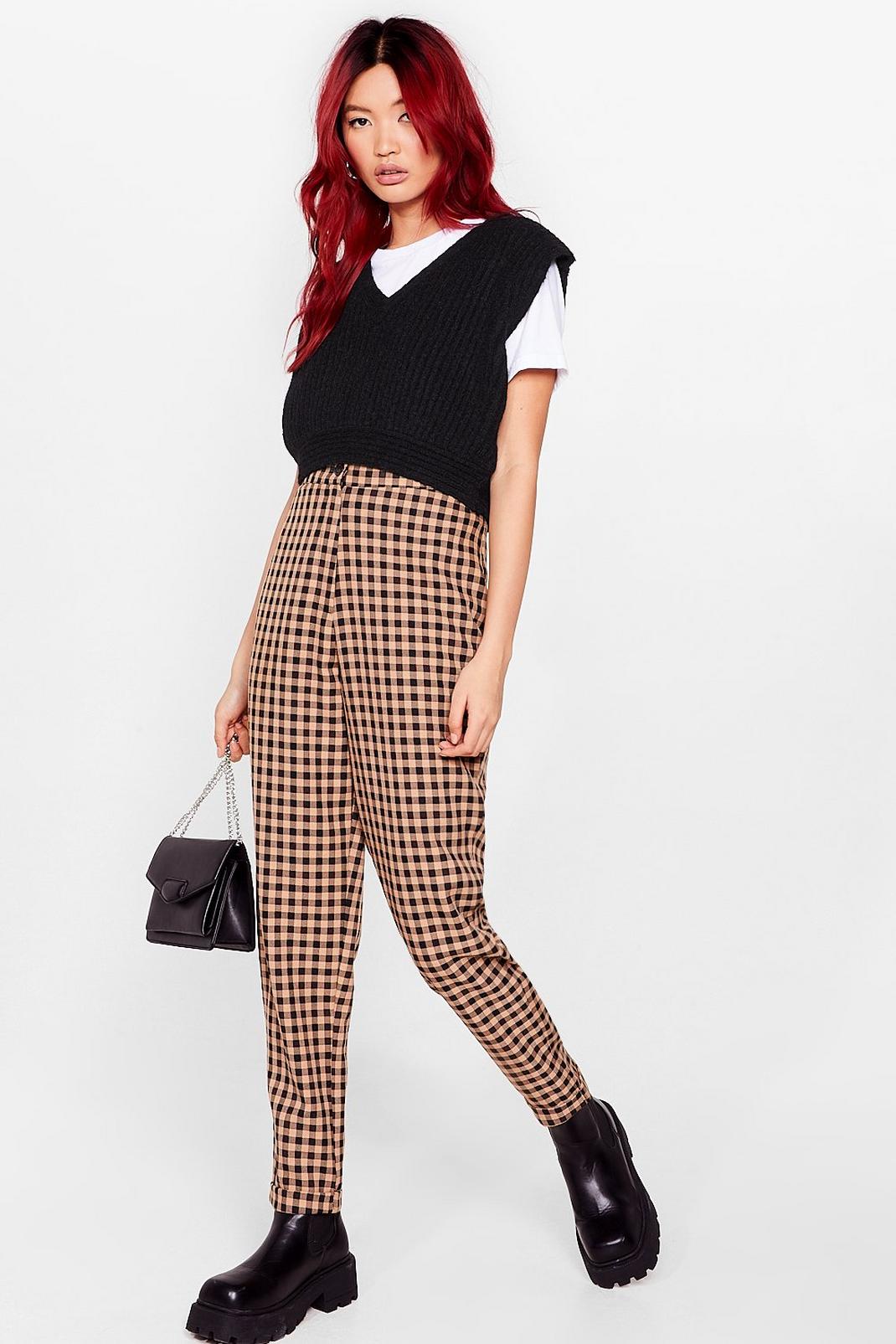Camel Almost Square High-Waisted Gingham Pants image number 1