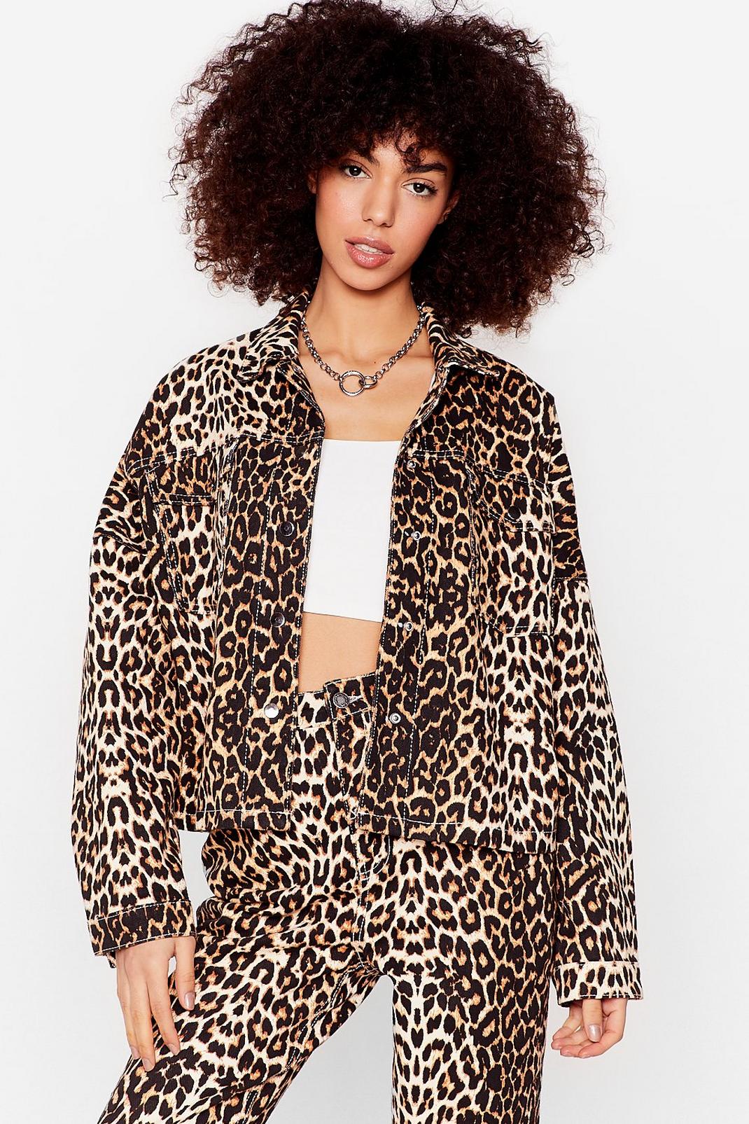 Brown Young Wild and Free Leopard Denim Shirt Jacket image number 1