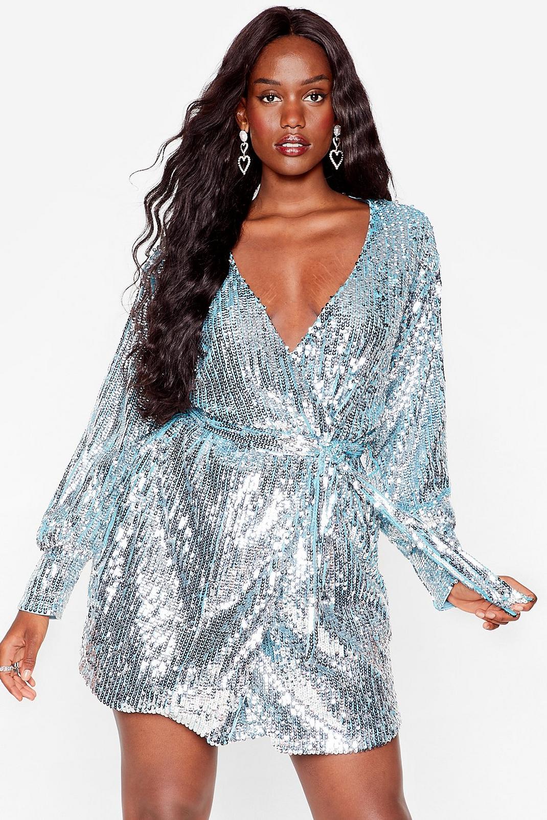 Silver Plus Size Sequin Belted Wrap Dress image number 1