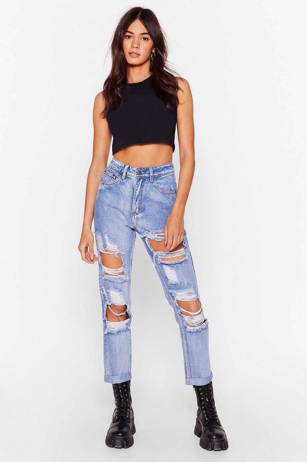 Light blue Distressed High Rise Mom Jeans image number 1