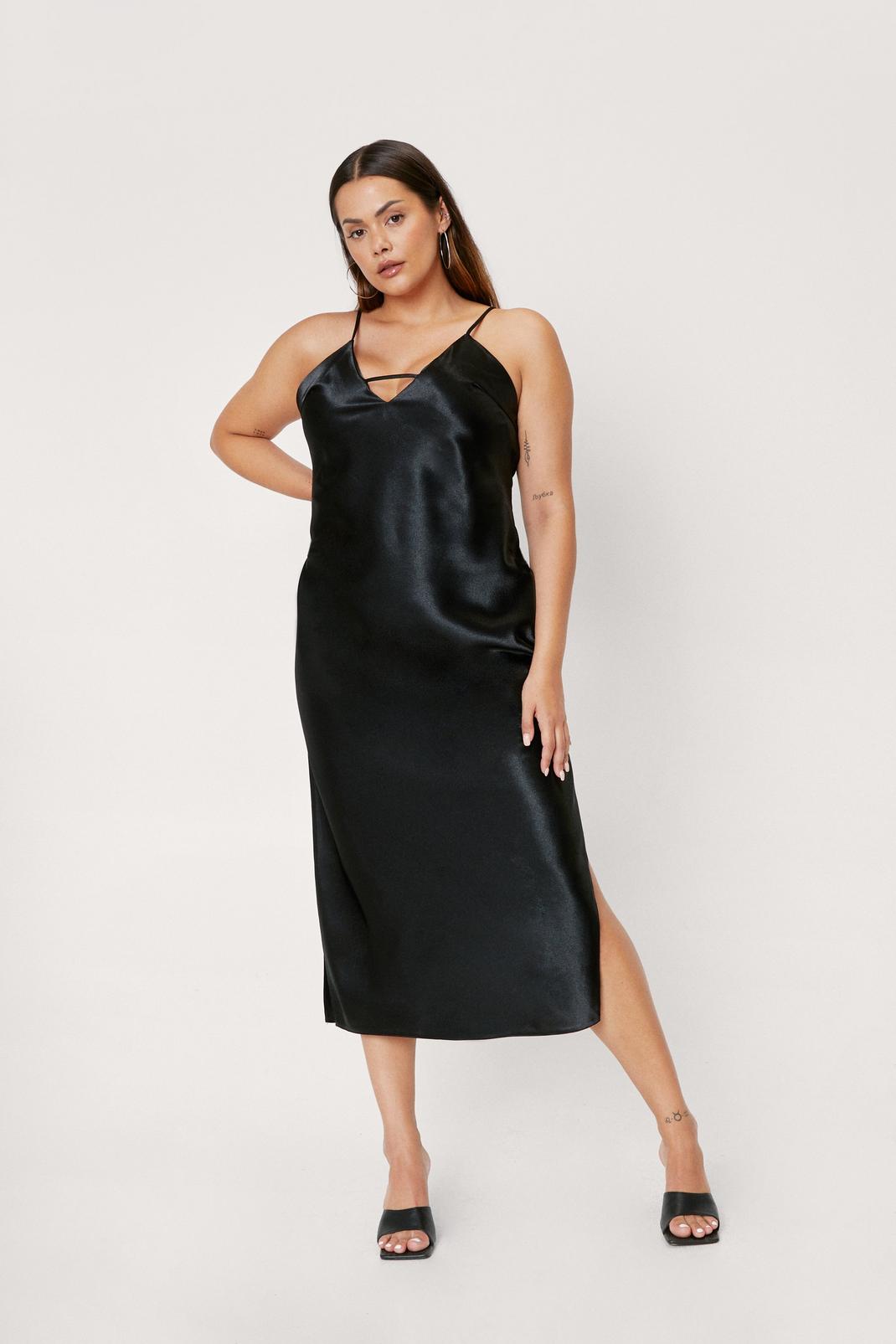 Black Plus Size Strappy Slit Cami Midi Dress image number 1
