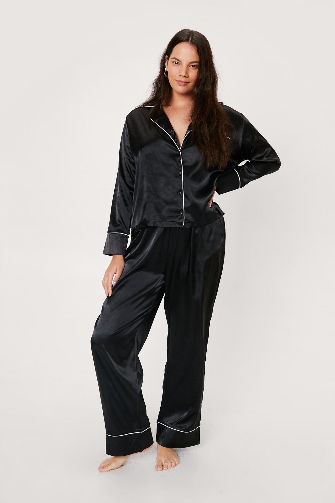 Black Plus Size Satin Contrast Piping Shirt and Trousers Set image number 1