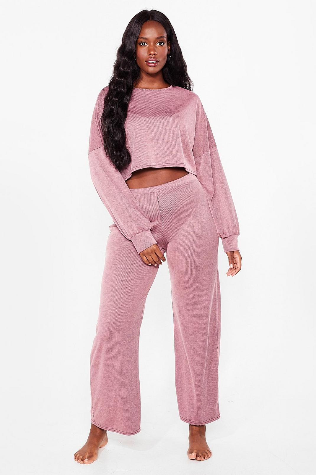 Pink Plus Size Ribbed Crop Top and Pants Set image number 1