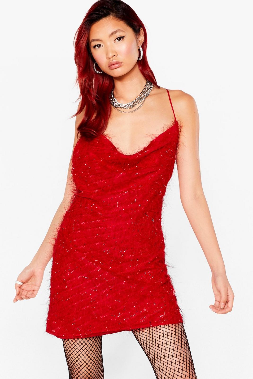 Red Cowl Neck Textured Mini Dress image number 1
