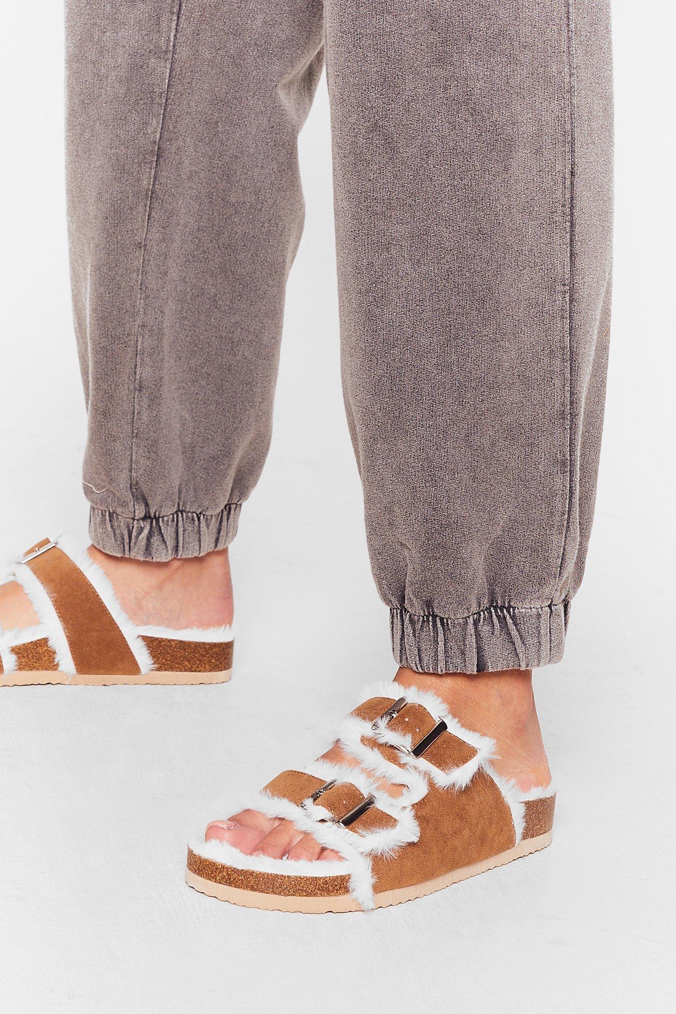 Faux Fur Lined Double Strap Sandals