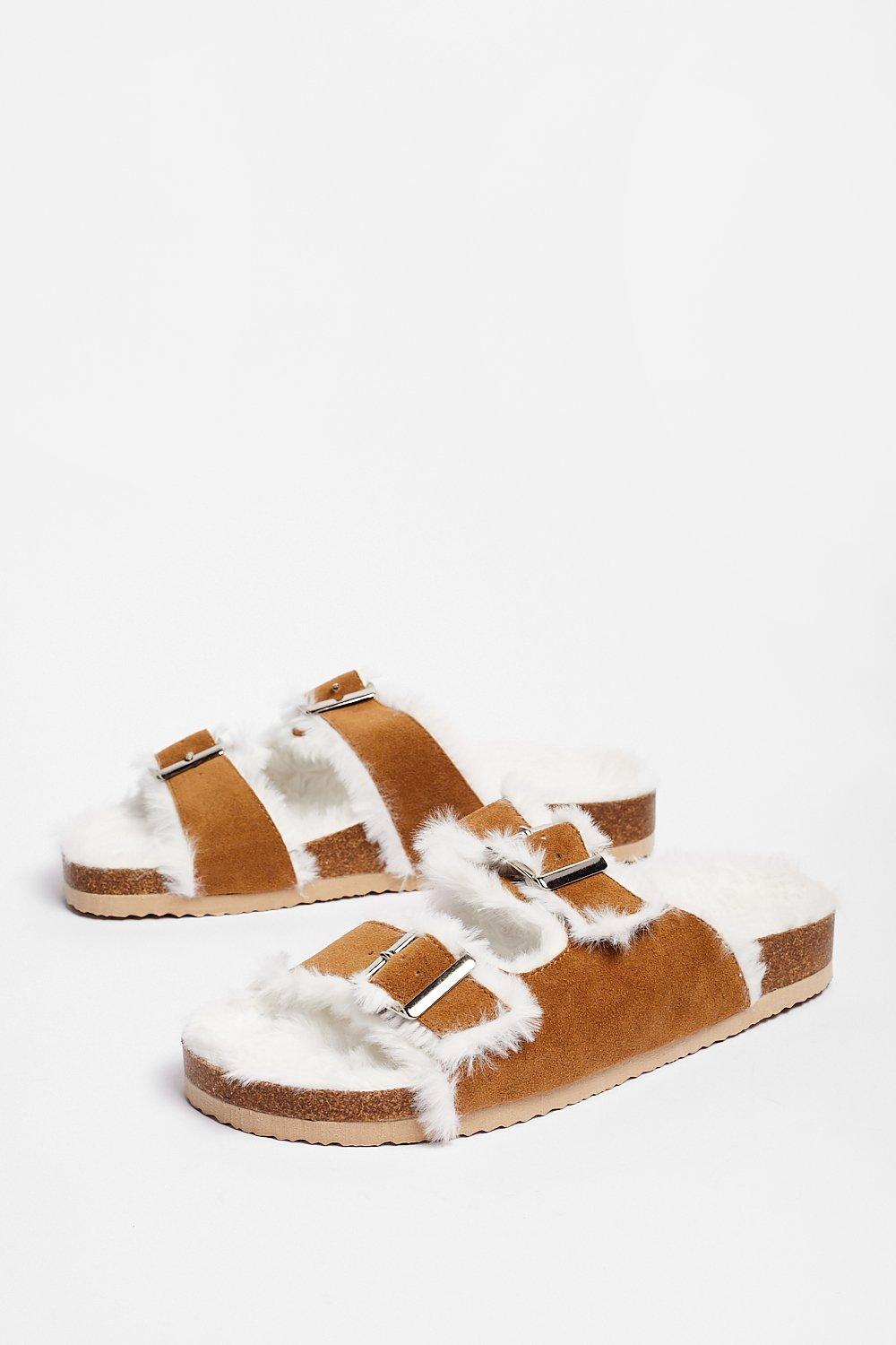 Synthetic fur double strap sandals