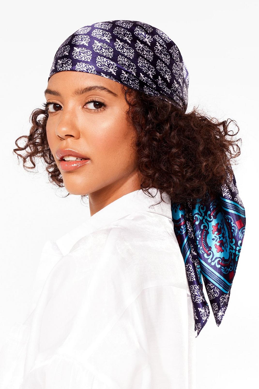 Navy Silky Patterned Satin Headscarf image number 1