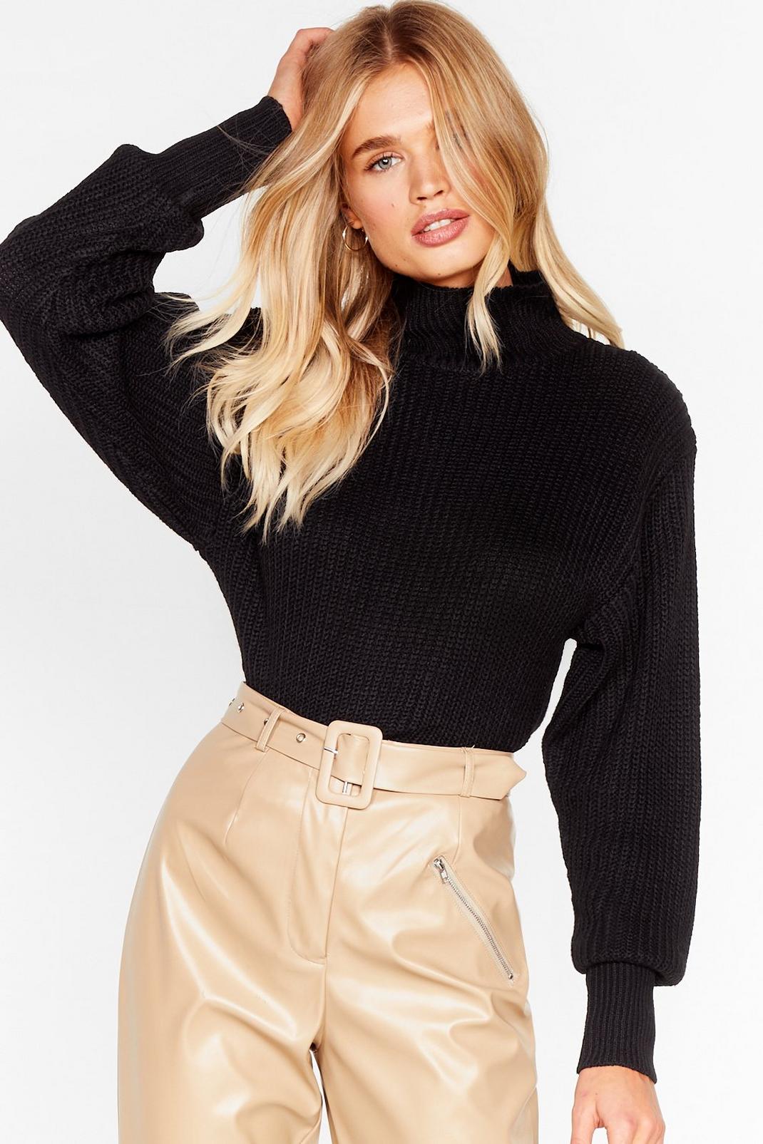 Black Balloon Sleeve High Neck Knit Sweater image number 1