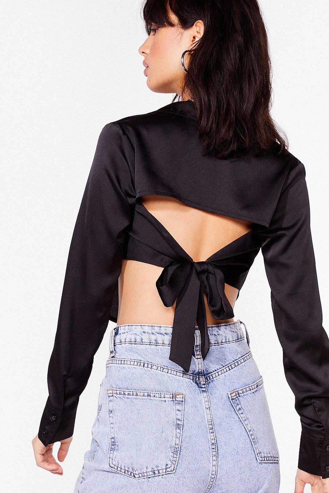 Black Give It Another Tie Satin Cropped Shirt image number 1