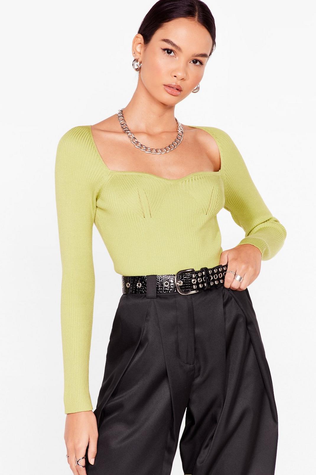 Lime Knit Square Neck Long Sleeve Top image number 1