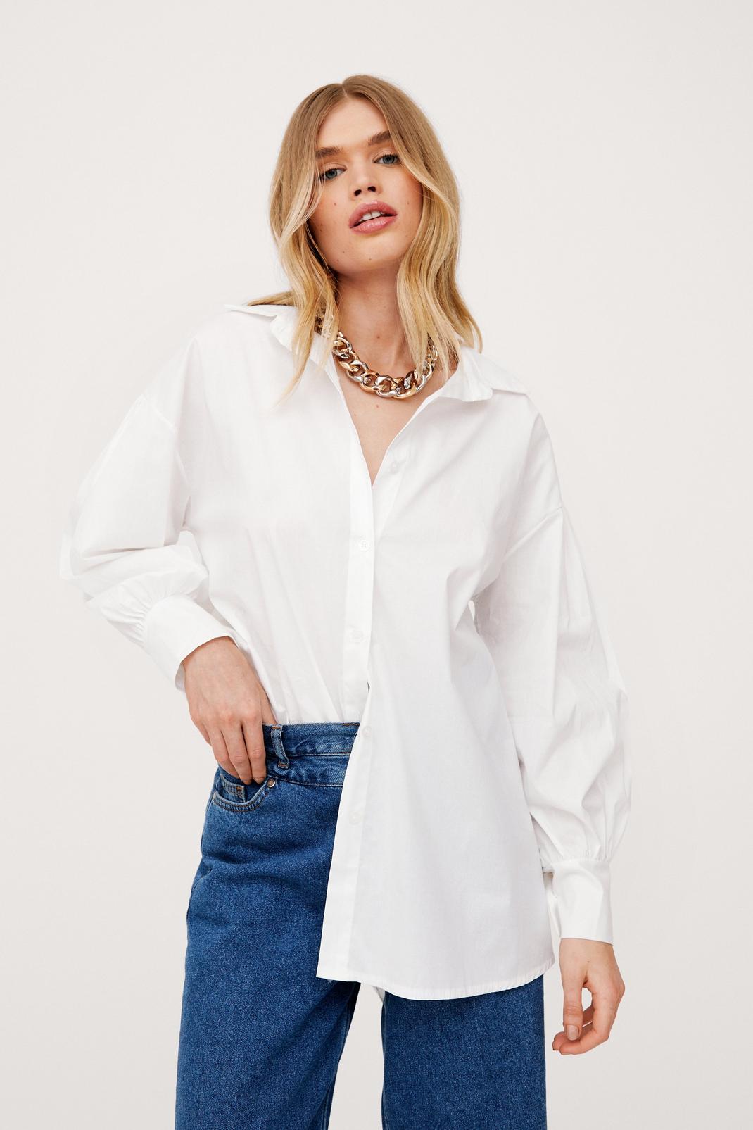 White Oversized Button Down Balloon Sleeve Shirt image number 1