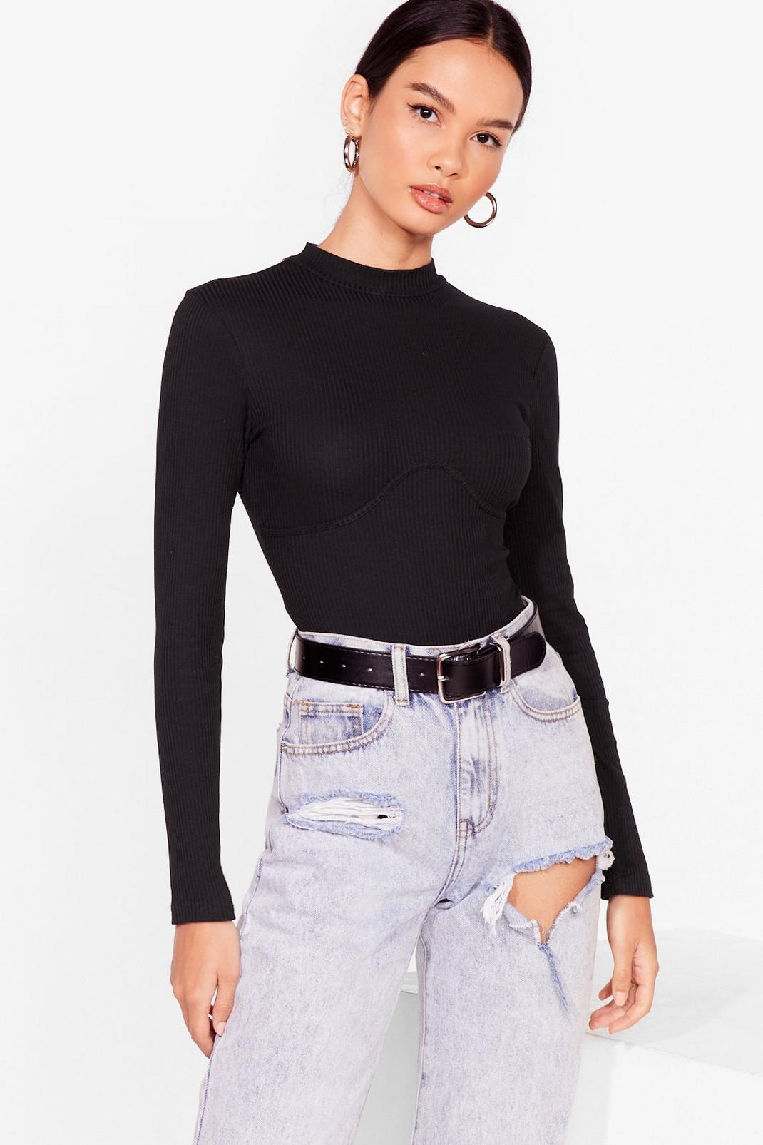 Black Turn the Music Cup Ribbed High Neck Bodysuit image number 1