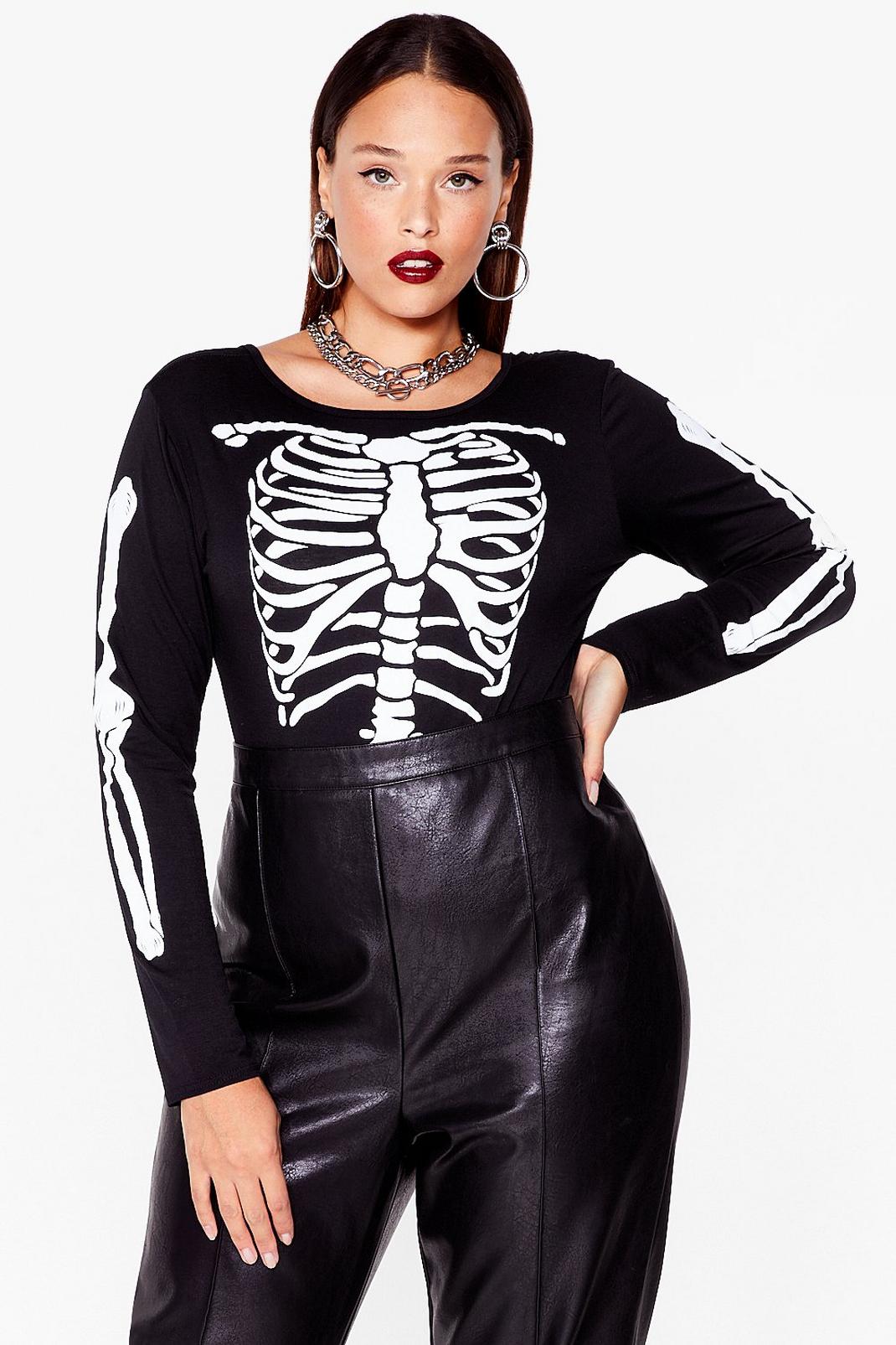 Black Plus Size Skeleton Long Sleeve Bodysuit image number 1