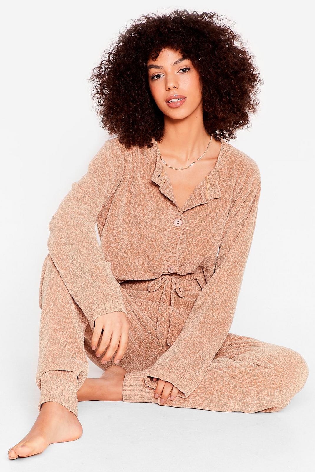 Tan Chenille Crop Cardigan and Joggers Set image number 1