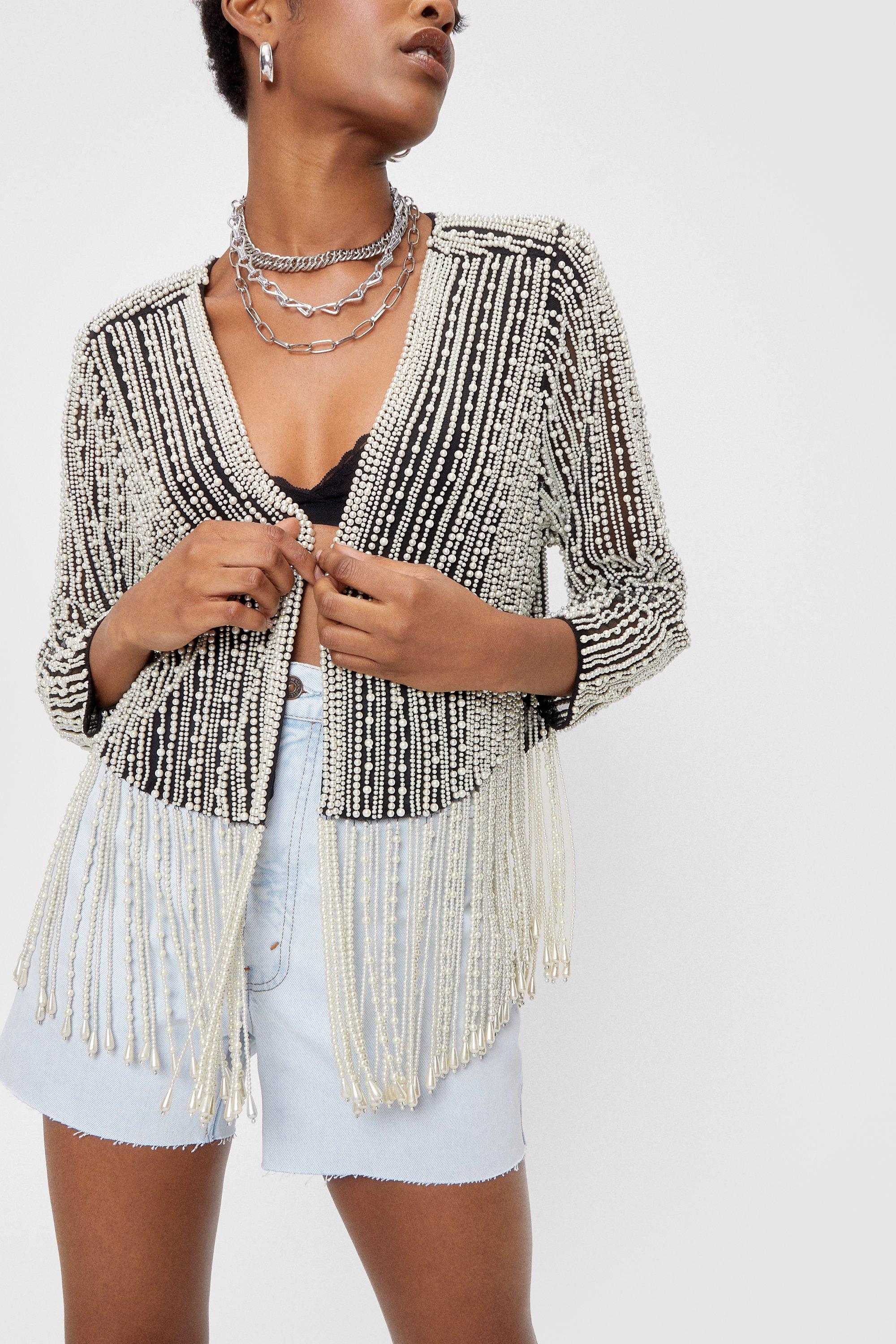 Pearl Inspired Tassel Beaded Open Front Jacket