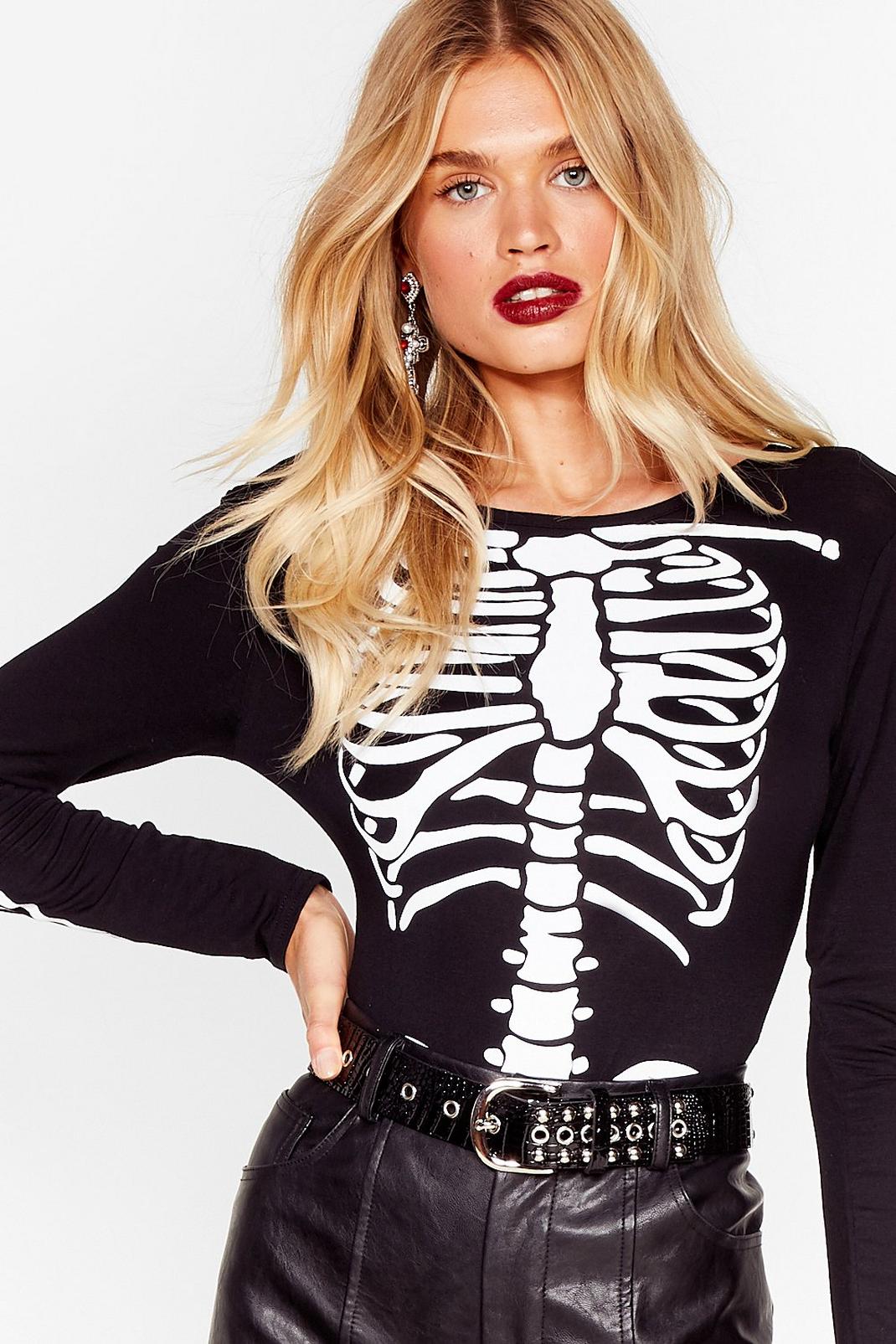 Black Halloween Skeleton Long Sleeve Bodysuit image number 1