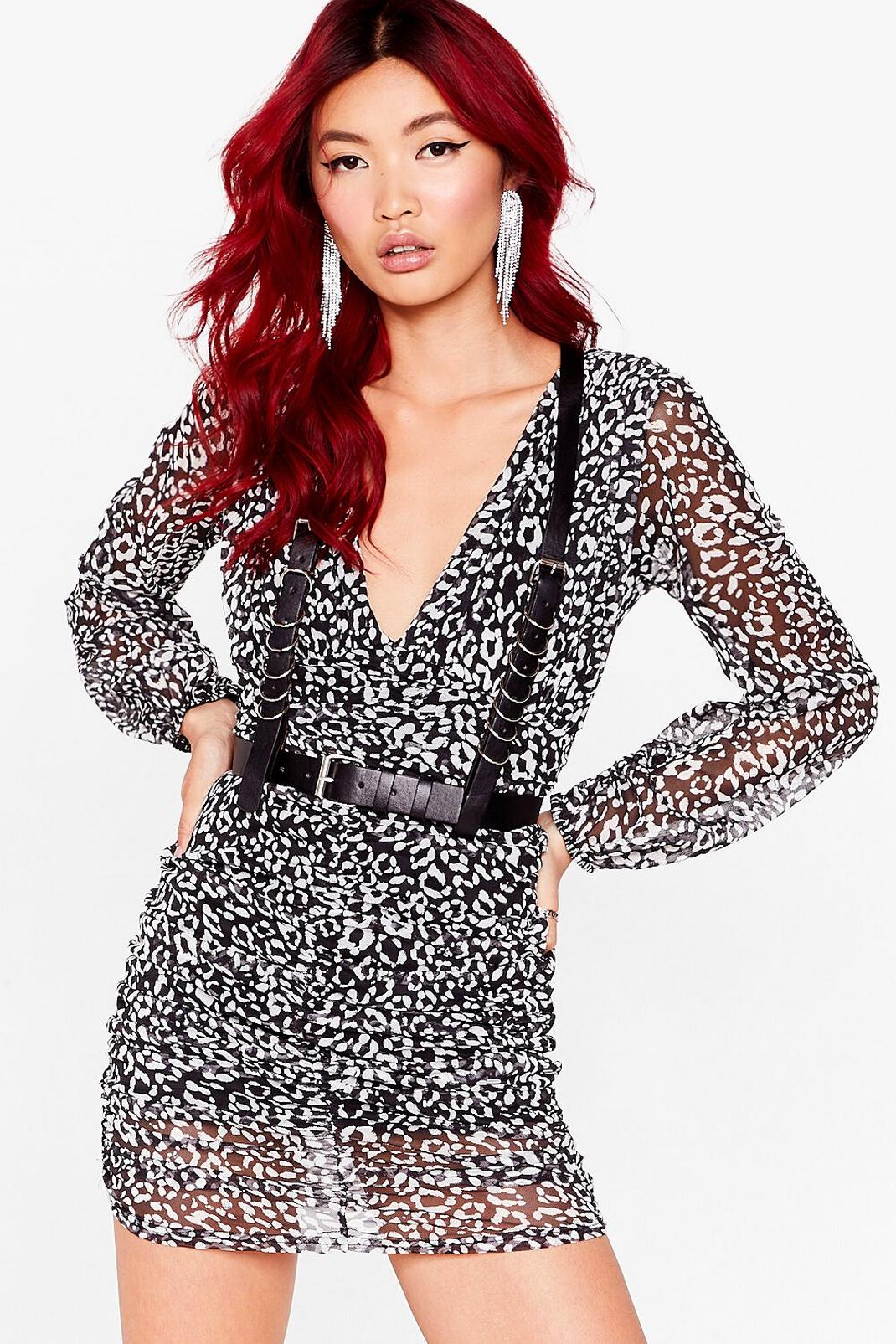 Leopard Ruched Chiffon V Neck Mini Dress image number 1