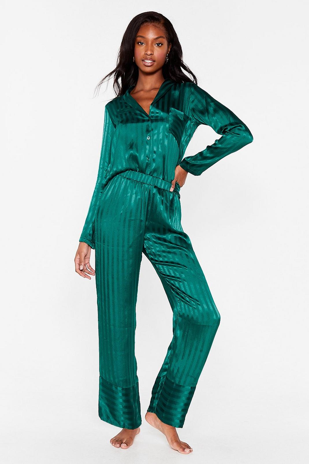 Emerald Jacquard Satin Shirt and Pajama Pants Set image number 1