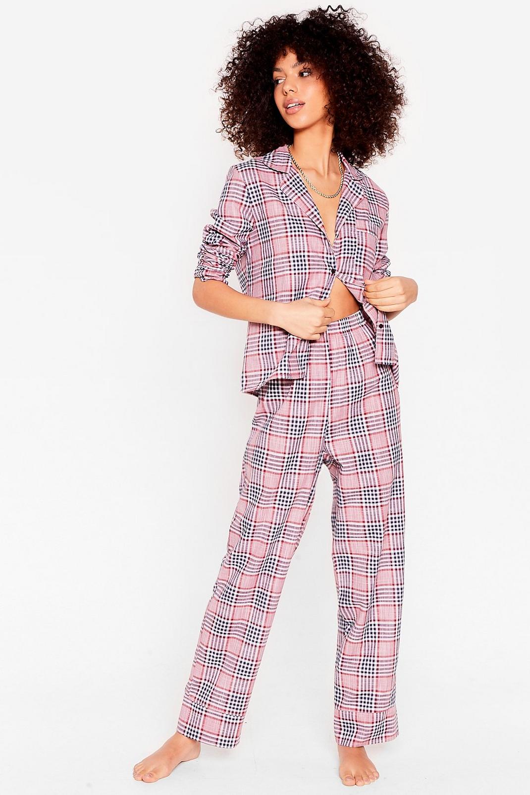 Pink Check Shirt and Pants Pajama Set image number 1